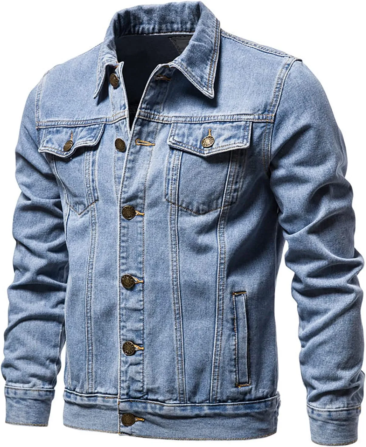 Sinzelimin Men's Denim Jacket Lightweight Lapel Casual Top Button Classic Rugged Wear Trucker Jacket Slim Jean Coat Outerwear