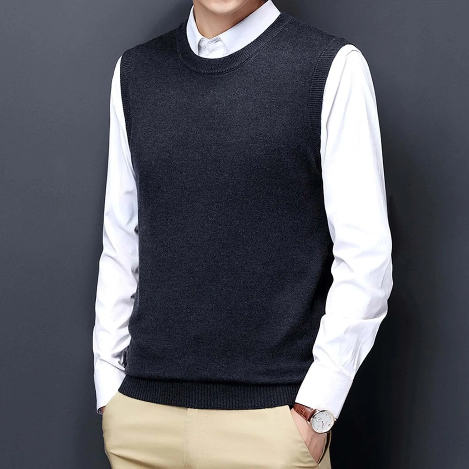 Slim Fit Sweater Vest for Men Sleeveless Crewneck Ribbed Knitted Tops Casual Business Knit Tops Solid Color Jumper