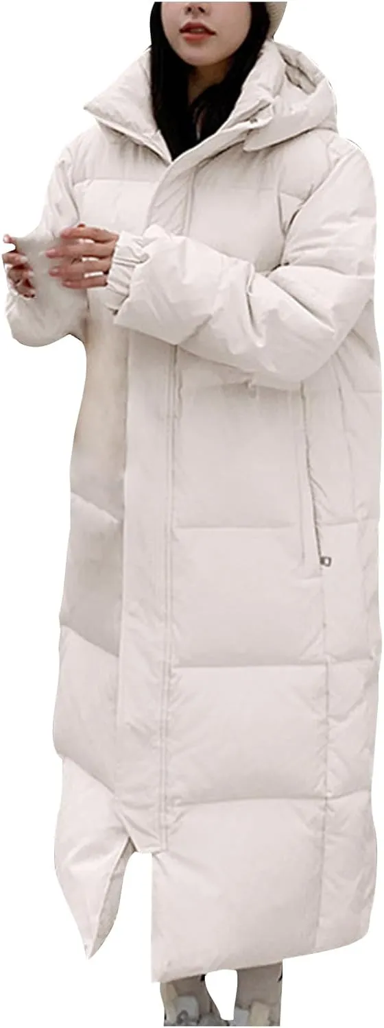 SMIDOW Womens Long Padded Puffer Coat Trendy 2023 Ladies Hooded Quilted Jackets Full Zip Up Parka Outwear With Pockets