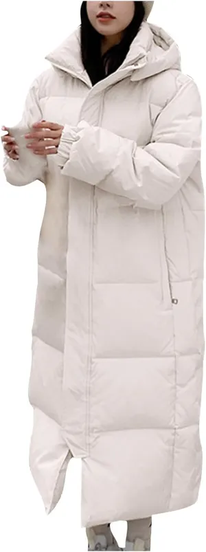 SMIDOW Womens Long Padded Puffer Coat Trendy 2023 Ladies Hooded Quilted Jackets Full Zip Up Parka Outwear With Pockets