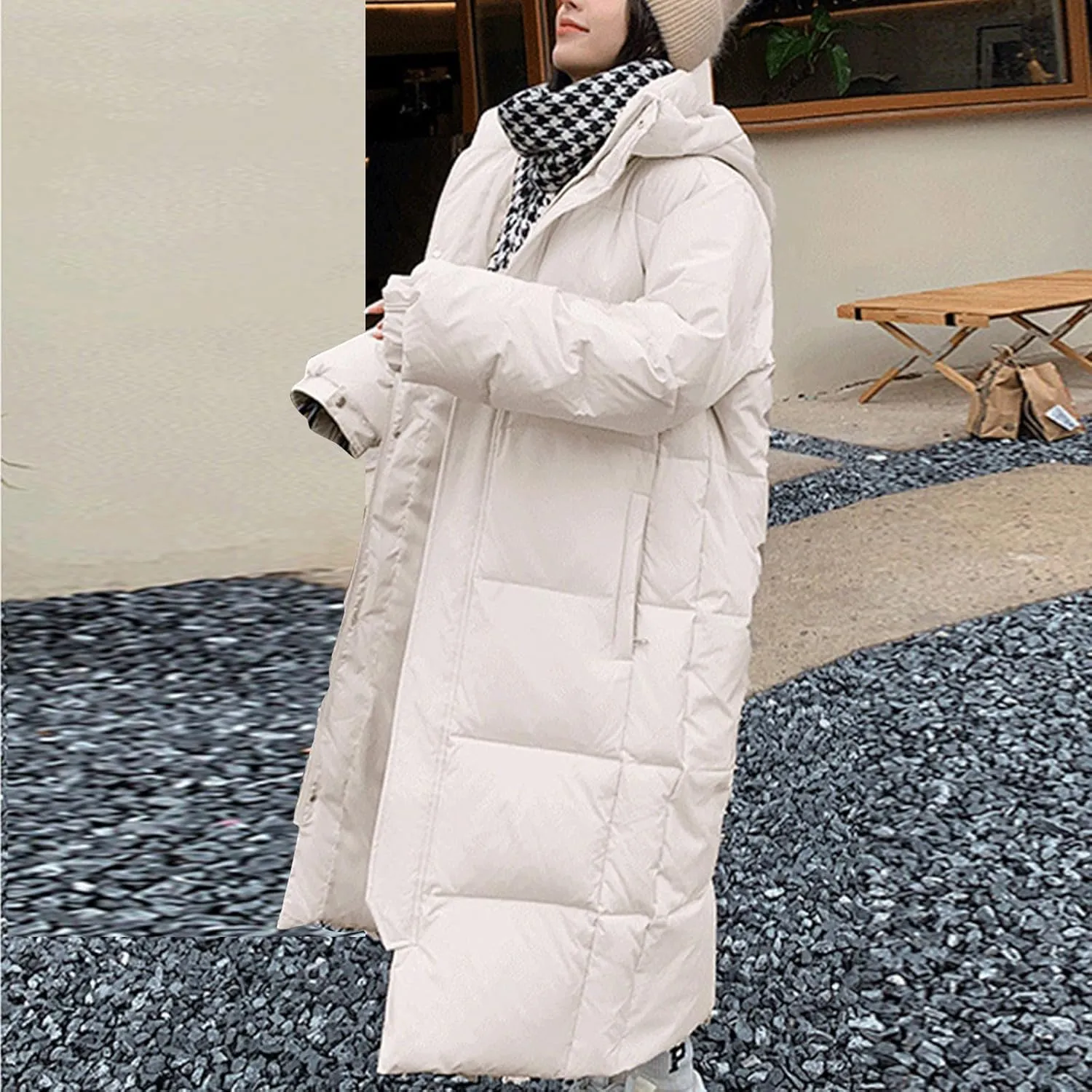 SMIDOW Womens Long Padded Puffer Coat Trendy 2023 Ladies Hooded Quilted Jackets Full Zip Up Parka Outwear With Pockets