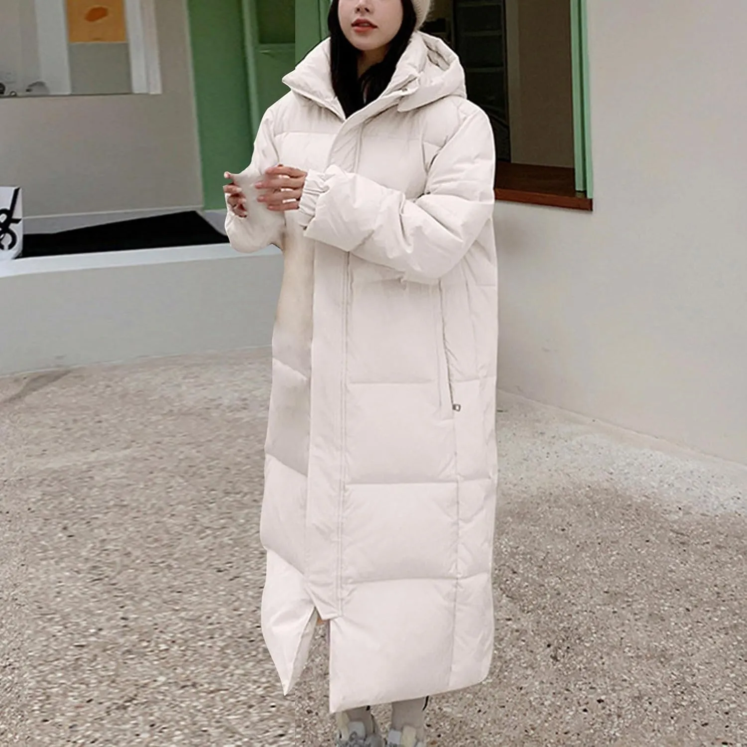 SMIDOW Womens Long Padded Puffer Coat Trendy 2023 Ladies Hooded Quilted Jackets Full Zip Up Parka Outwear With Pockets