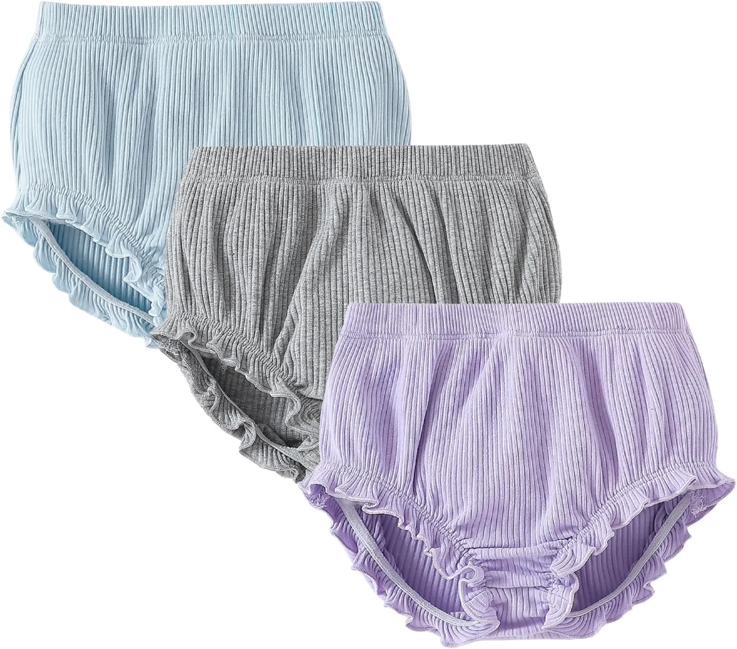SOBOWO 3-Pack Bloomers for Baby Girls Diaper Covers Ribbed Ruffle Solid Triangle Baby Girl Shorts Summer Toddler Underwear