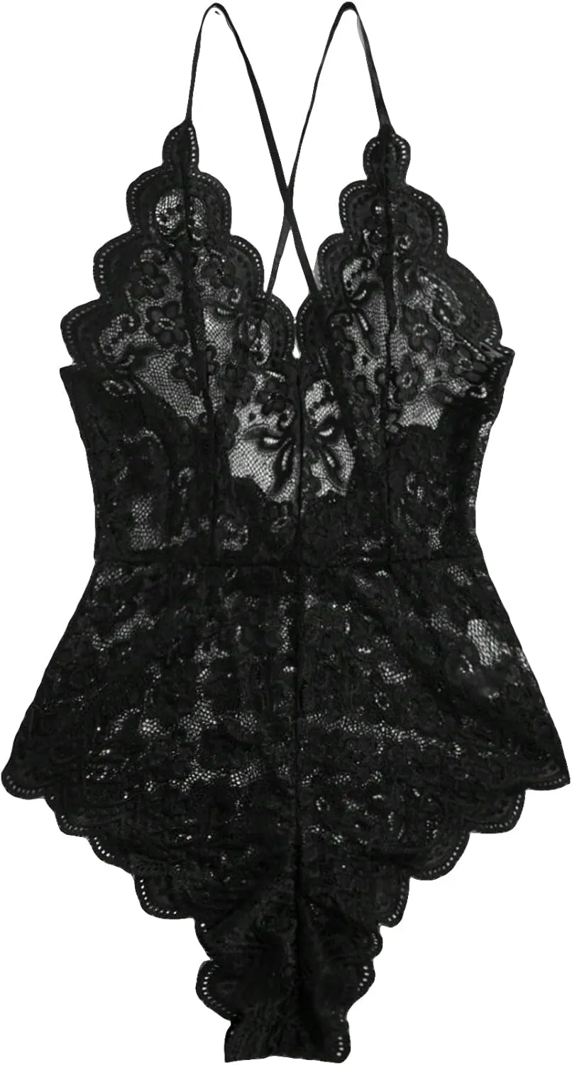 SOLY HUX Lingerie for Women Floral Lace Scalloped Trim Teddy Bodysuit Babydoll