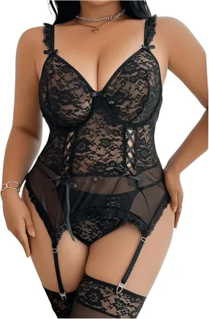SOLY HUX Women's Plus Size Lace Mesh Lingeries Corset Garter Lingerie Set with Stockings Boudoir Outfits