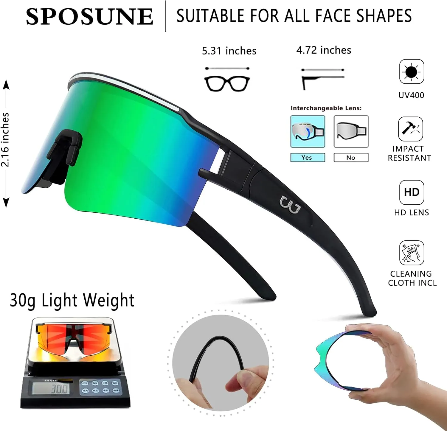 SPOSUNE Polarized Cycling Glasses with 3 Interchangeable Lenses for Women Men, TR90 Sports Sunglasses Running Baseball