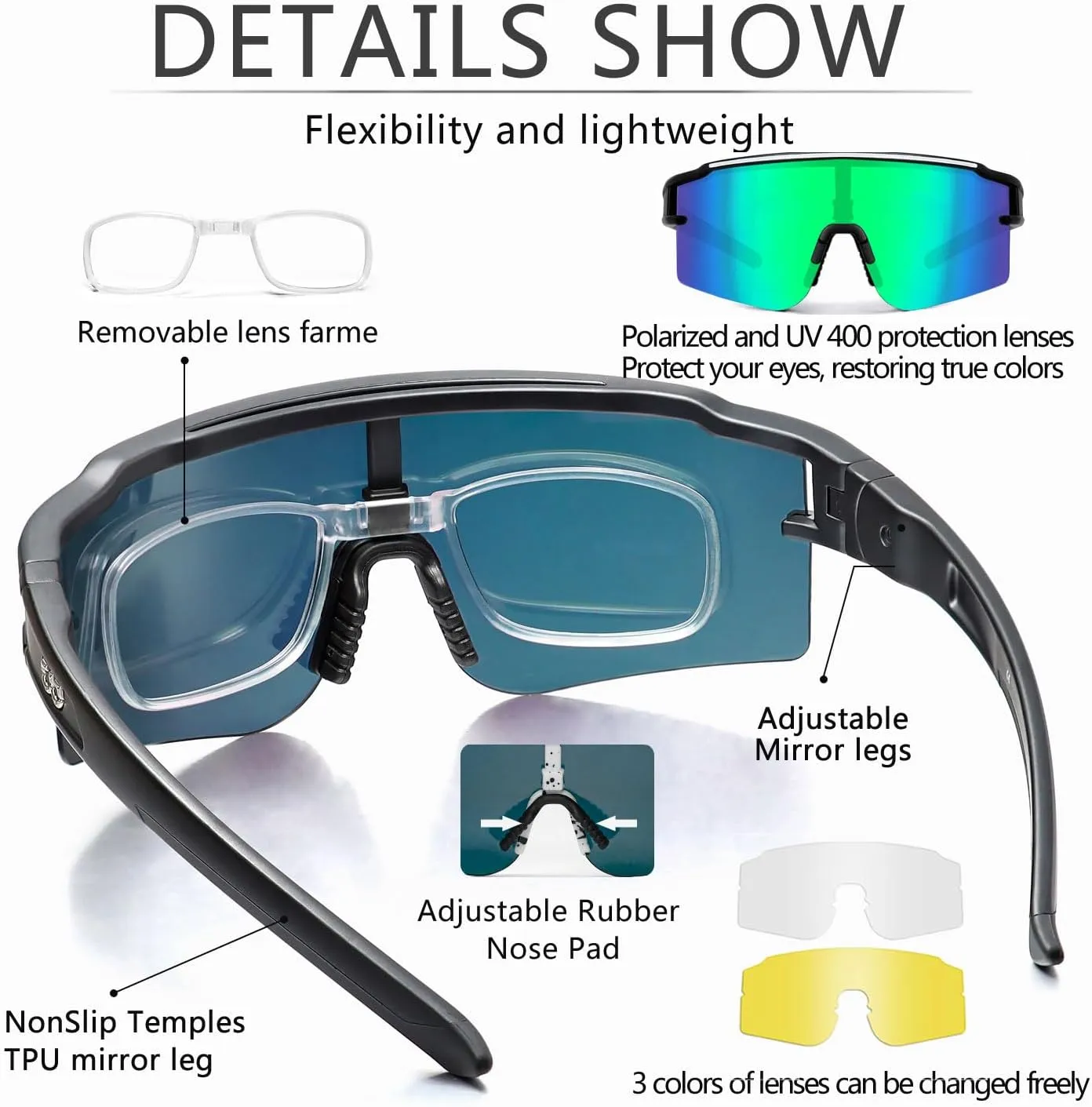 SPOSUNE Polarized Cycling Glasses with 3 Interchangeable Lenses for Women Men, TR90 Sports Sunglasses Running Baseball