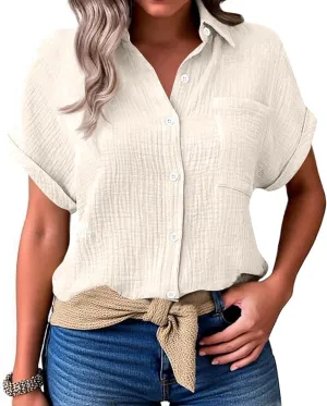Spring Tops for Women Casual Loose Short Sleeve Standing Collar Button Solid Color Linen Shirt Tops Outfits, S-2XL