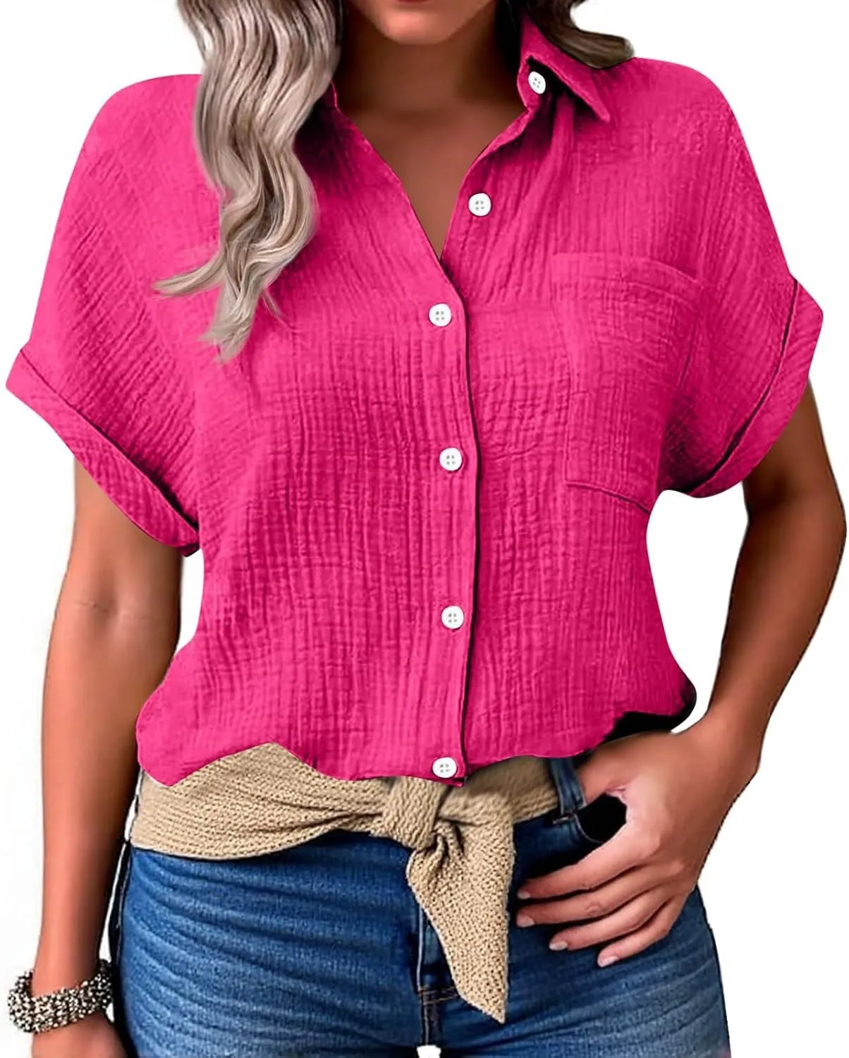 Spring Tops for Women Casual Loose Short Sleeve Standing Collar Button Solid Color Linen Shirt Tops Outfits, S-2XL