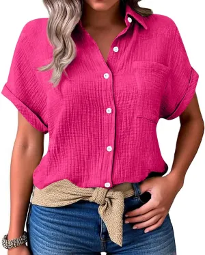 Spring Tops for Women Casual Loose Short Sleeve Standing Collar Button Solid Color Linen Shirt Tops Outfits, S-2XL