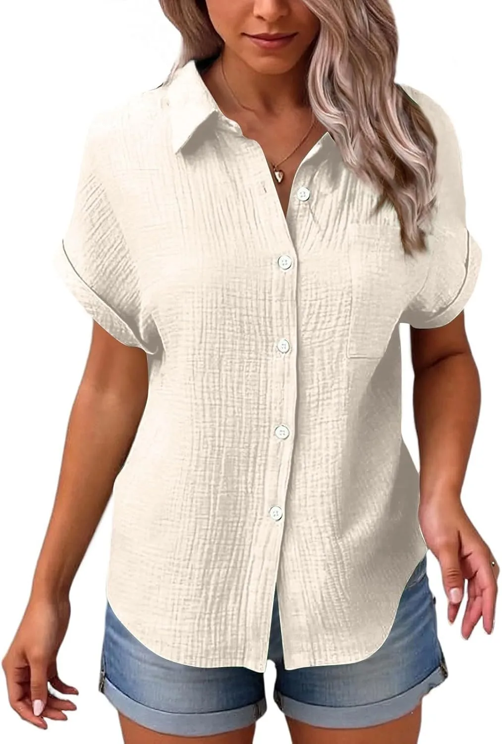 Spring Tops for Women Casual Loose Short Sleeve Standing Collar Button Solid Color Linen Shirt Tops Outfits, S-2XL