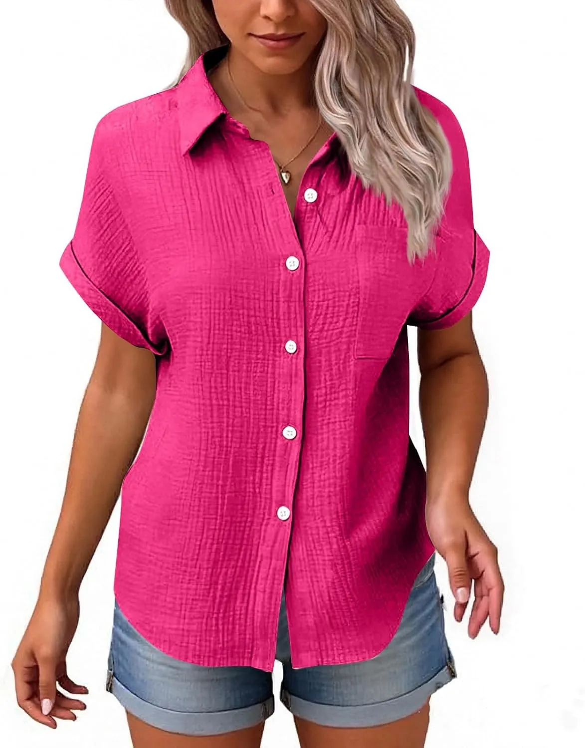 Spring Tops for Women Casual Loose Short Sleeve Standing Collar Button Solid Color Linen Shirt Tops Outfits, S-2XL