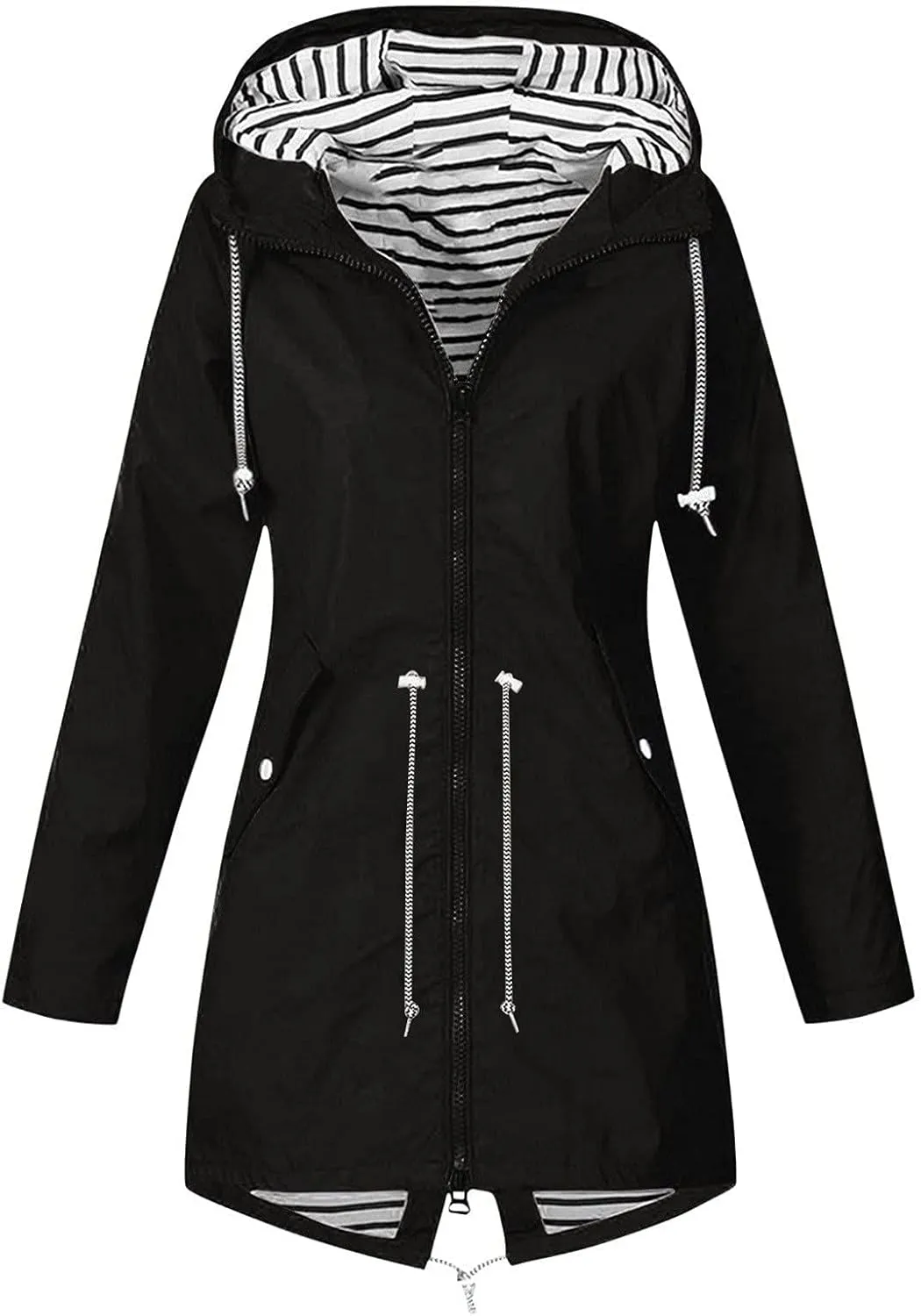 STYESH Raincoat Women Waterproof Long Hooded Trench Coats Striped Lined Windbreaker Travel Jacket Plus Size Raincoat Jackets