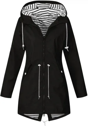 STYESH Raincoat Women Waterproof Long Hooded Trench Coats Striped Lined Windbreaker Travel Jacket Plus Size Raincoat Jackets