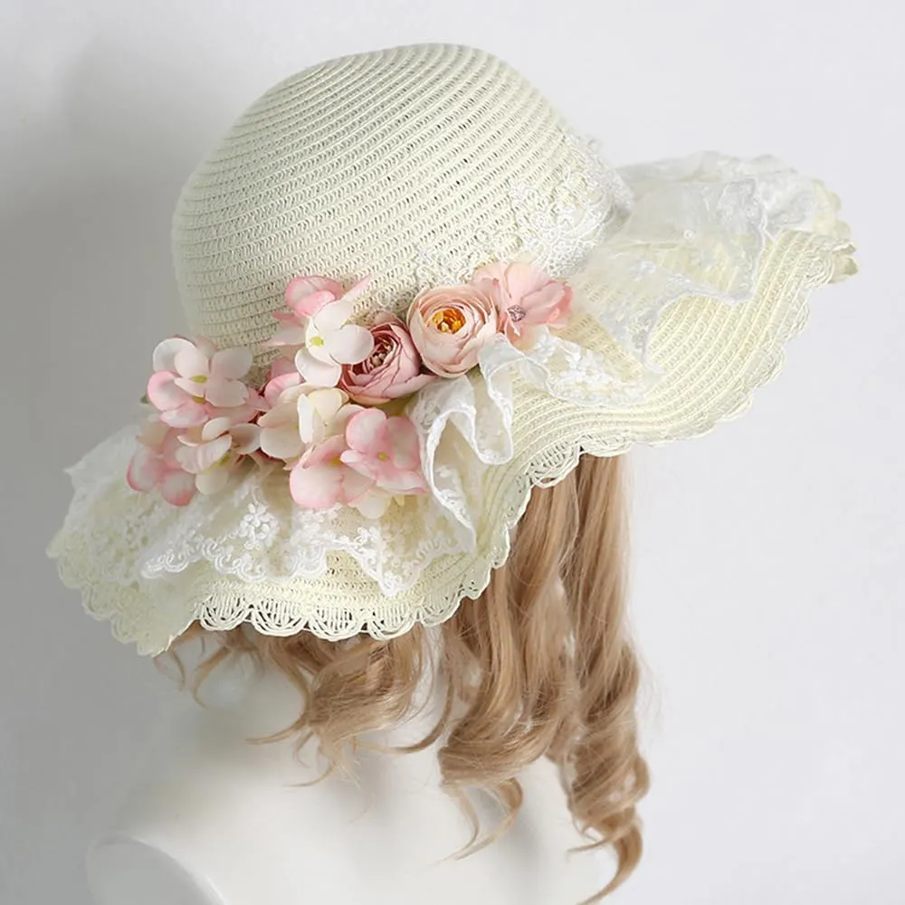 Sweet Lolita Straw Hat Elegant Flowers Straw Hat with Wide Brim Tea Party Sun Hat for Women