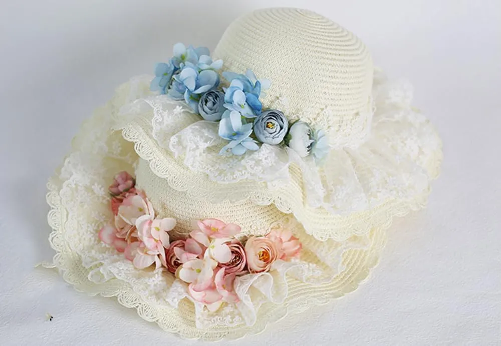Sweet Lolita Straw Hat Elegant Flowers Straw Hat with Wide Brim Tea Party Sun Hat for Women