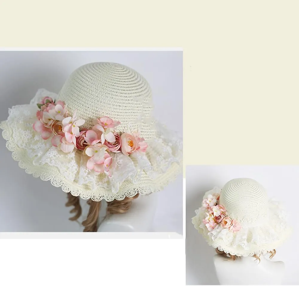 Sweet Lolita Straw Hat Elegant Flowers Straw Hat with Wide Brim Tea Party Sun Hat for Women