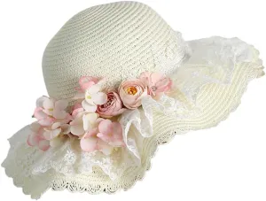 Sweet Lolita Straw Hat Elegant Flowers Straw Hat with Wide Brim Tea Party Sun Hat for Women