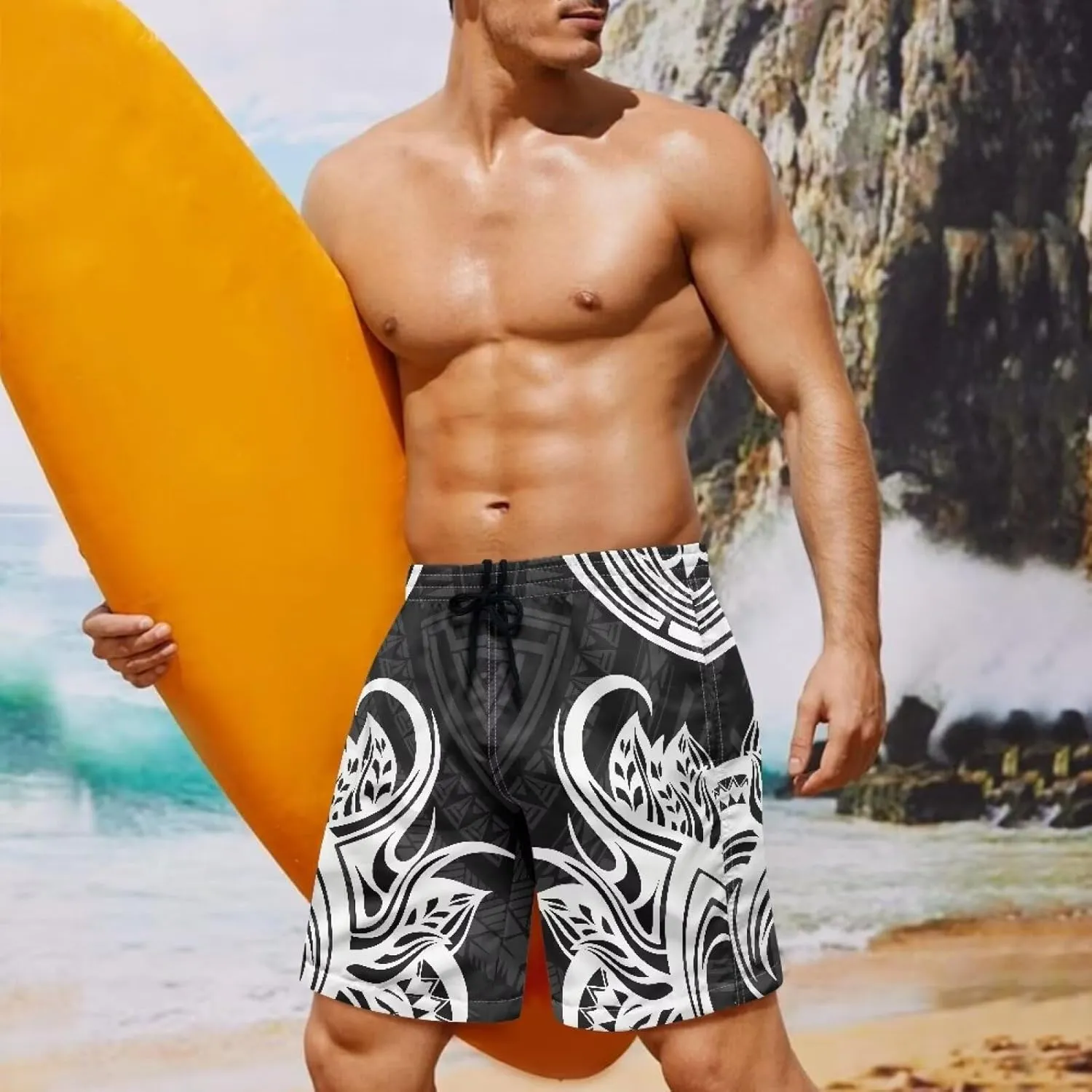 Swim Trunks for Men Polynesian Puletasi Traditional Board Shorts Quick Dry Swimwear Bathing Suits with Pockets