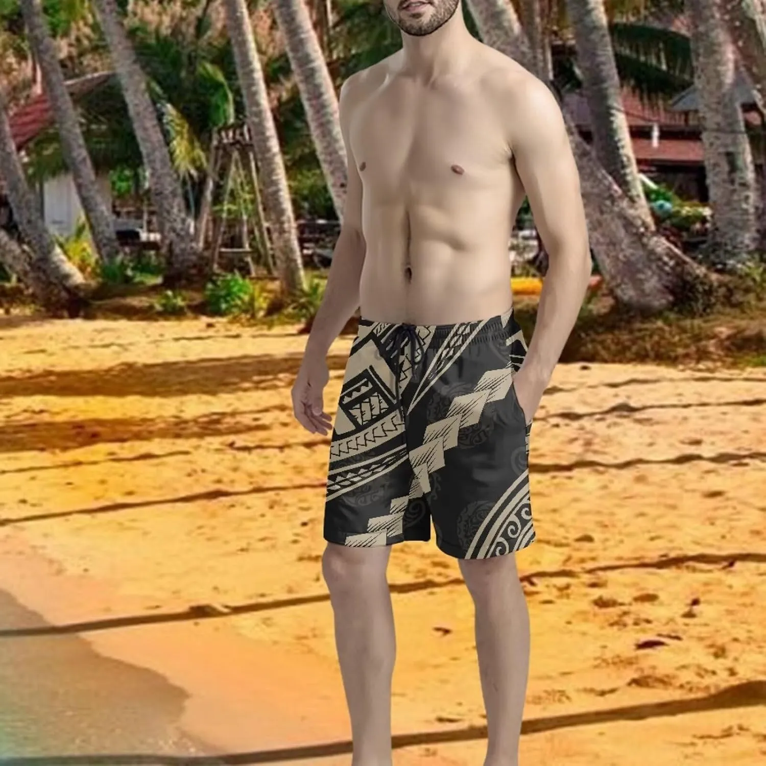 Swim Trunks for Men Polynesian Puletasi Traditional Board Shorts Quick Dry Swimwear Bathing Suits with Pockets