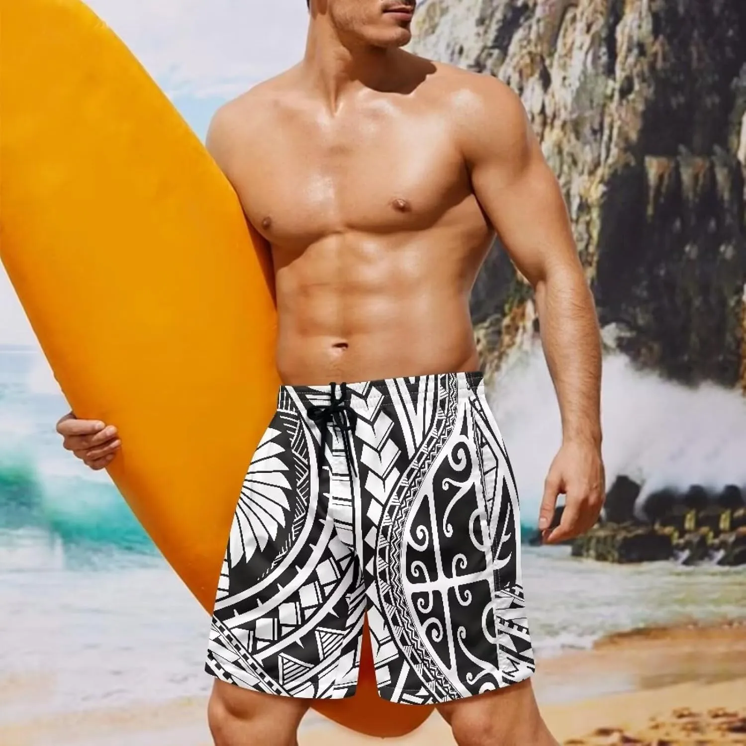 Swim Trunks for Men Polynesian Puletasi Traditional Board Shorts Quick Dry Swimwear Bathing Suits with Pockets