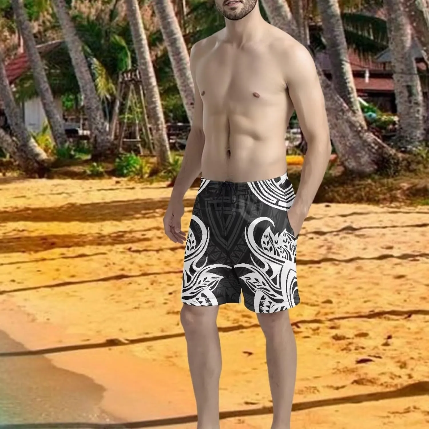 Swim Trunks for Men Polynesian Puletasi Traditional Board Shorts Quick Dry Swimwear Bathing Suits with Pockets