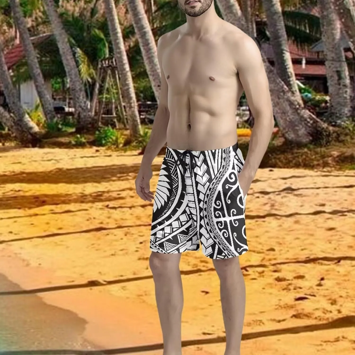 Swim Trunks for Men Polynesian Puletasi Traditional Board Shorts Quick Dry Swimwear Bathing Suits with Pockets