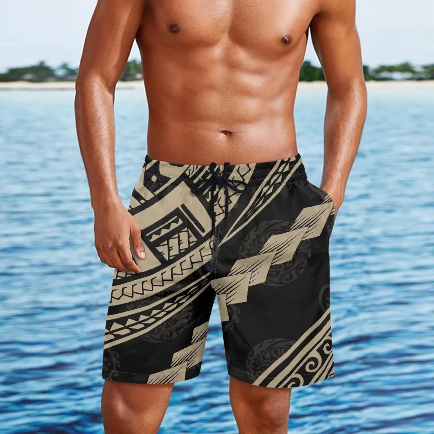 Swim Trunks for Men Polynesian Puletasi Traditional Board Shorts Quick Dry Swimwear Bathing Suits with Pockets