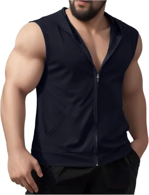 Tank Tops Men Stylish Zipper Vest Mens Bodybuilding Gym Vest Hooded T-Shirts Sleeveless Hoodies Workout Muslce Tops