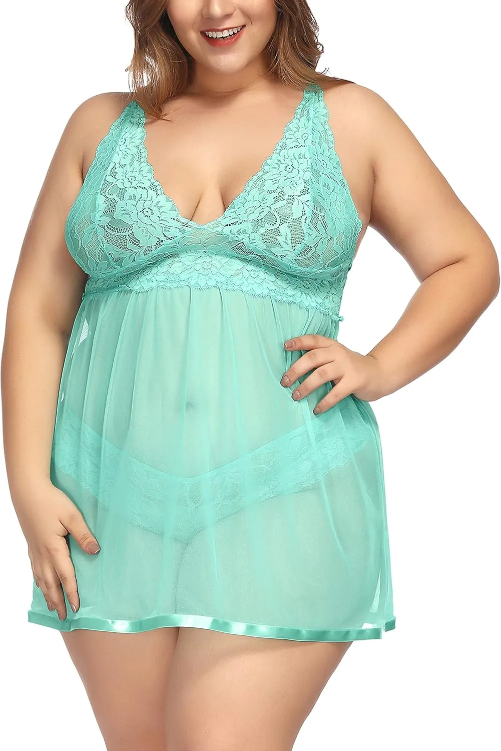 TGD Lingerie Plus Size Babydoll Set for Women V Neck Lace Chemise