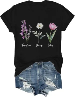 Tops for Women Trendy Summer 2025 Floral Print Cotton T-Shirts Crew Neck Short Sleeve Blouses Loose Fit Tunic Outfits