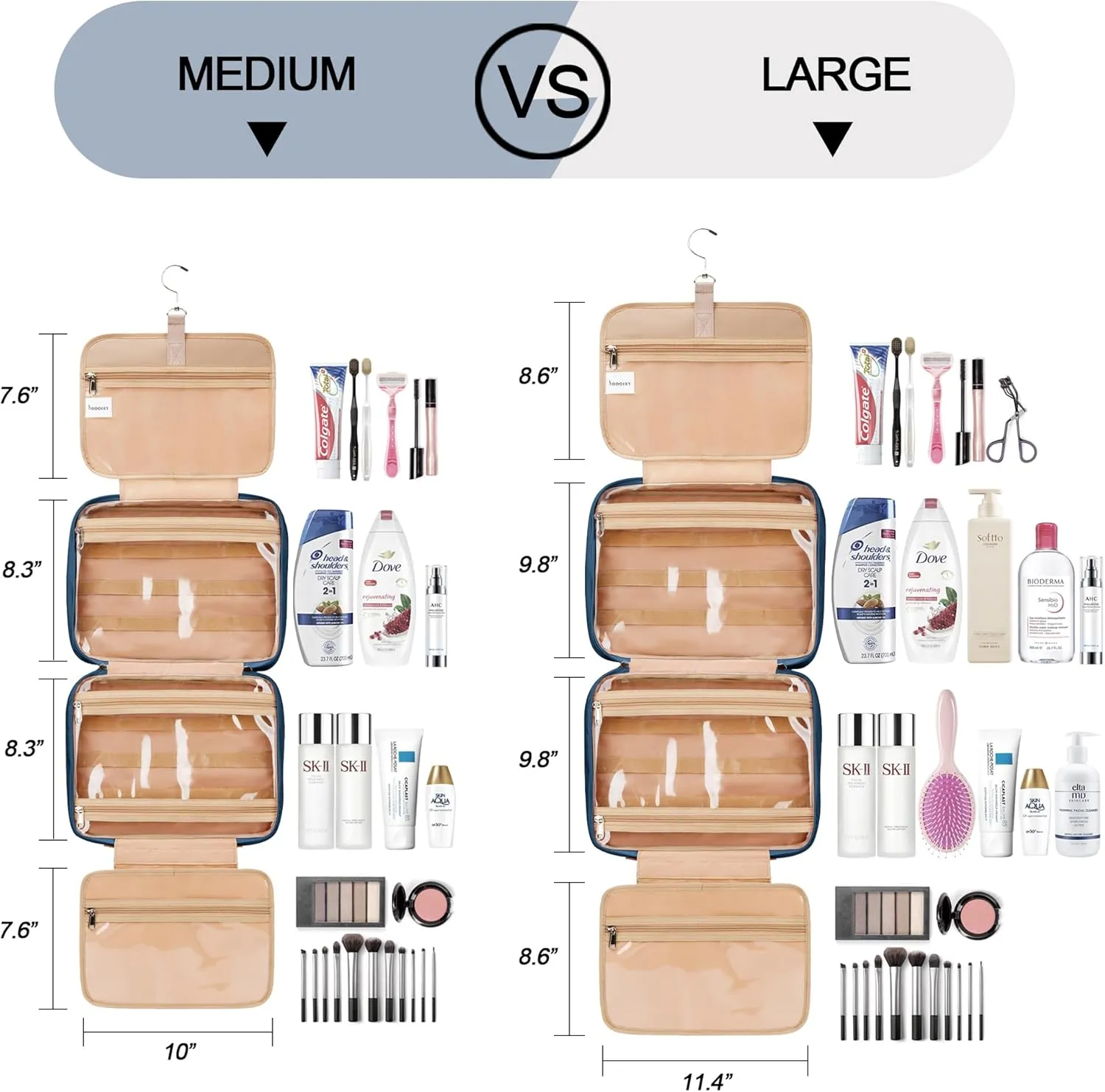 Travel Hanging Toiletry Bag for Women and Men, with 8 Leak Proofing Silicone Bottle Covers, Waterproof Makeup Accessories, Cosmetic Essentials, Toiletries Dopp Kit Set with Jewelry Organizer, Navy
