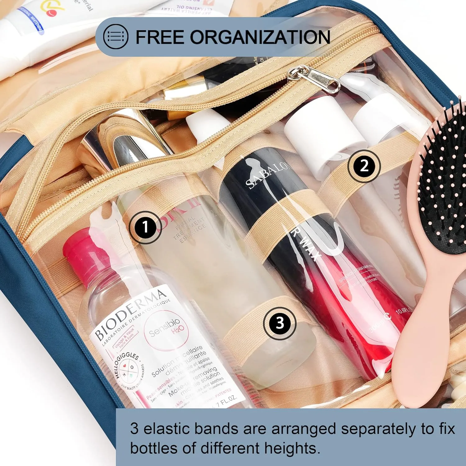 Travel Hanging Toiletry Bag for Women and Men, with 8 Leak Proofing Silicone Bottle Covers, Waterproof Makeup Accessories, Cosmetic Essentials, Toiletries Dopp Kit Set with Jewelry Organizer, Navy