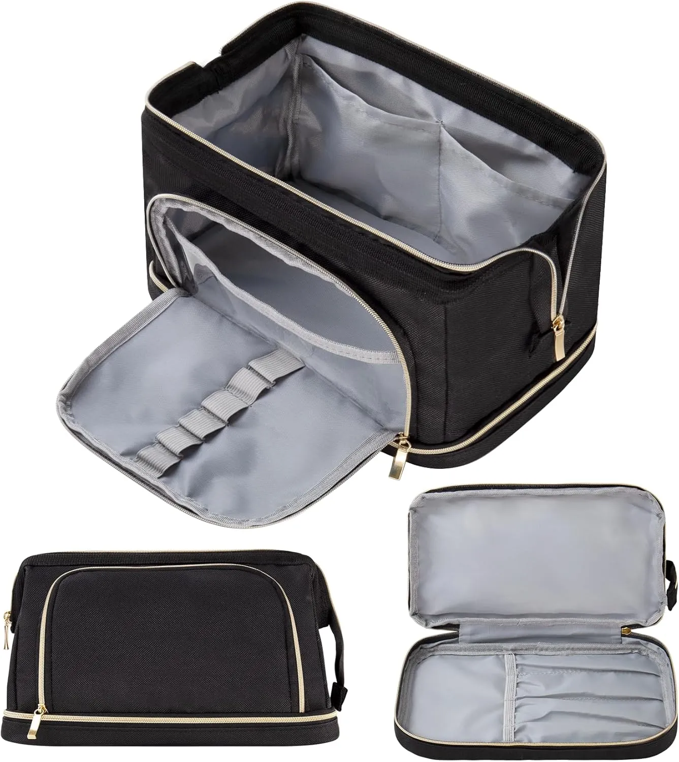 Travel Make Up Bags Double Layer Cosmetic Bag, Large Wide-Open Makeup Organizer Case,Waterproof Toiletry Cosmetic Bag for Toiletries Accessories Brushes for Travel (z-double black)