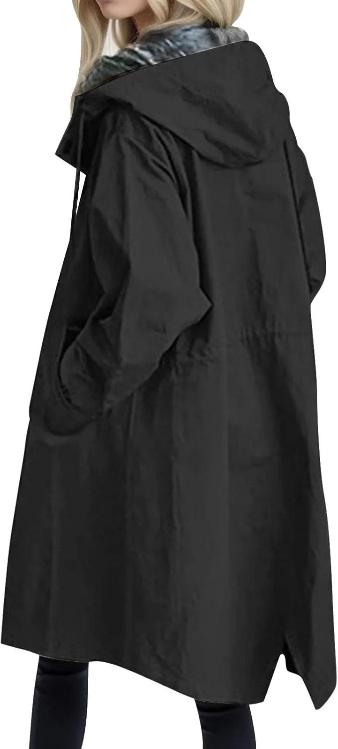 Trench Coat Women Long Waterproof Hooded Raincoat Lightweight Rain Jacket Lined Fall Winter Outdoor Windbreaker