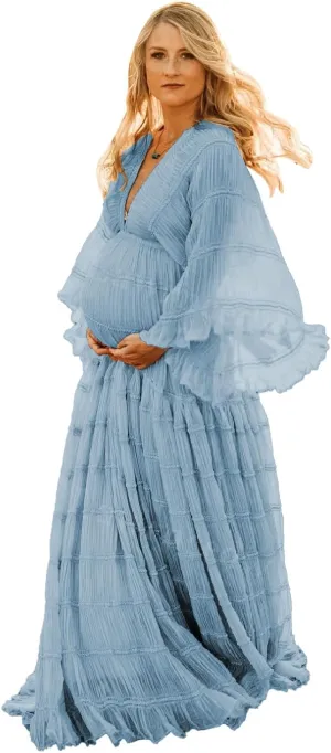 Tulle Maternity Robe for Photoshoot V Neck Long Sleeve Pregnancy Baby Shower Puffy Slit Ruffle Bridal Lingerie