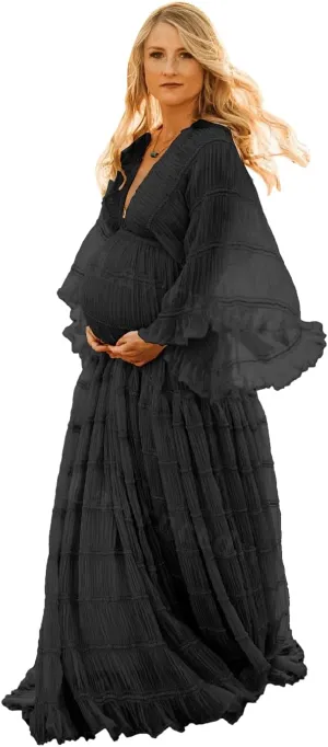 Tulle Maternity Robe for Photoshoot V Neck Long Sleeve Pregnancy Baby Shower Puffy Slit Ruffle Bridal Lingerie
