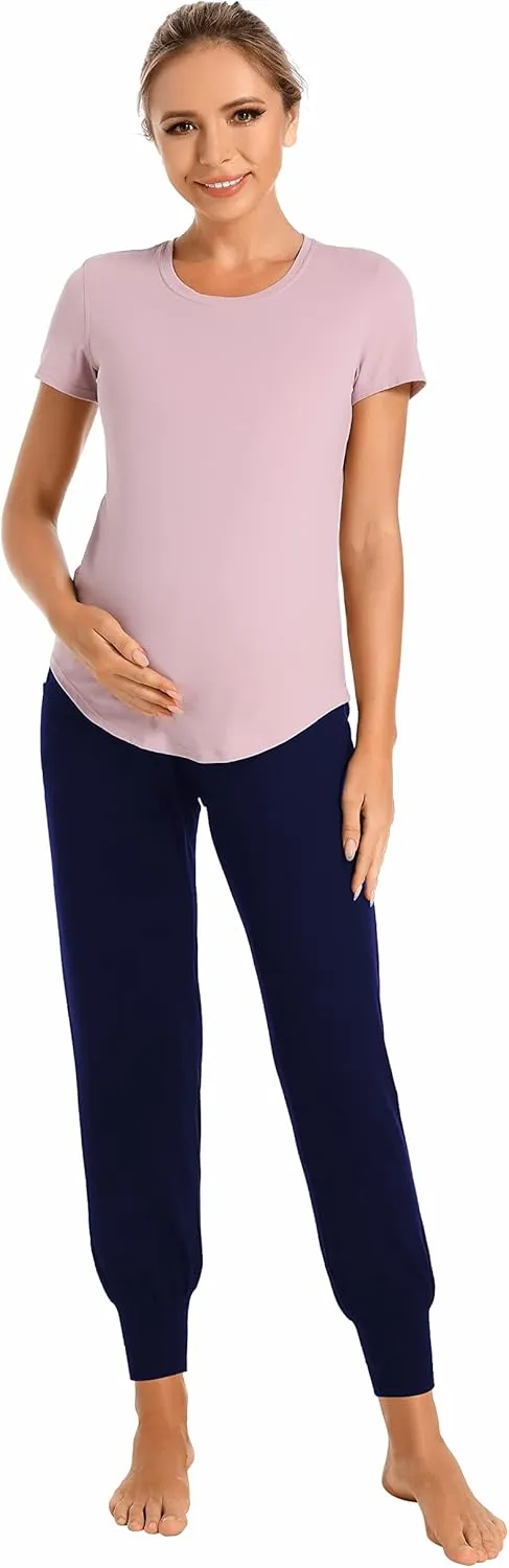 V VOCNI Women's Maternity Pants Maternity Activewear Jogger Track Cuff Sweatpants Over The Belly Stretchy Pregnancy Pants