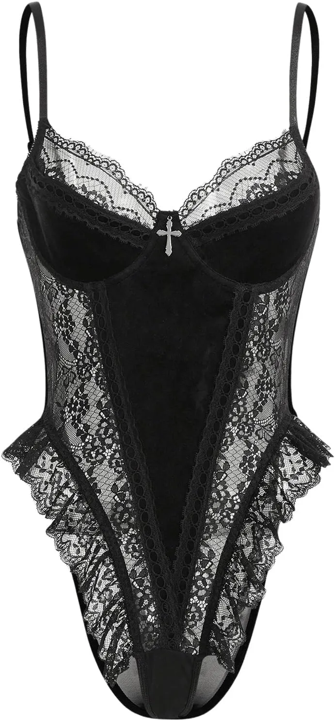 Verdusa Women's Ruffle Trim Velvet Lace Underwire Teddy Lingerie One Piece Bodysuit