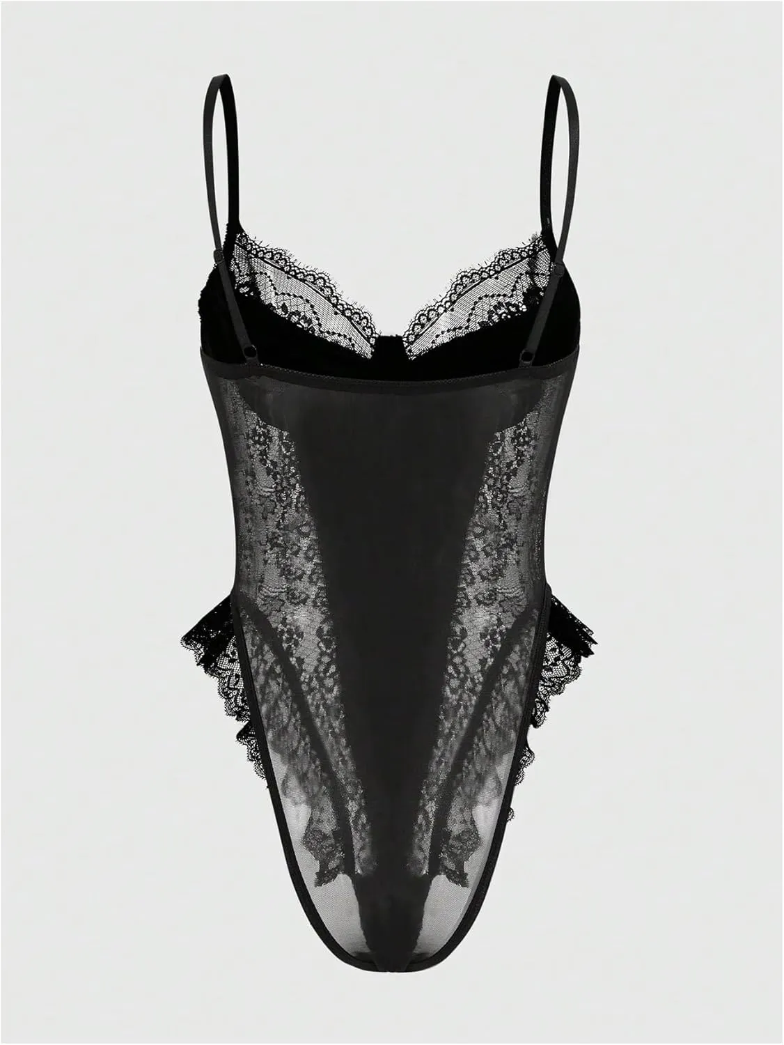 Verdusa Women's Ruffle Trim Velvet Lace Underwire Teddy Lingerie One Piece Bodysuit