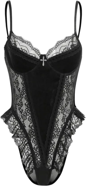 Verdusa Women's Ruffle Trim Velvet Lace Underwire Teddy Lingerie One Piece Bodysuit