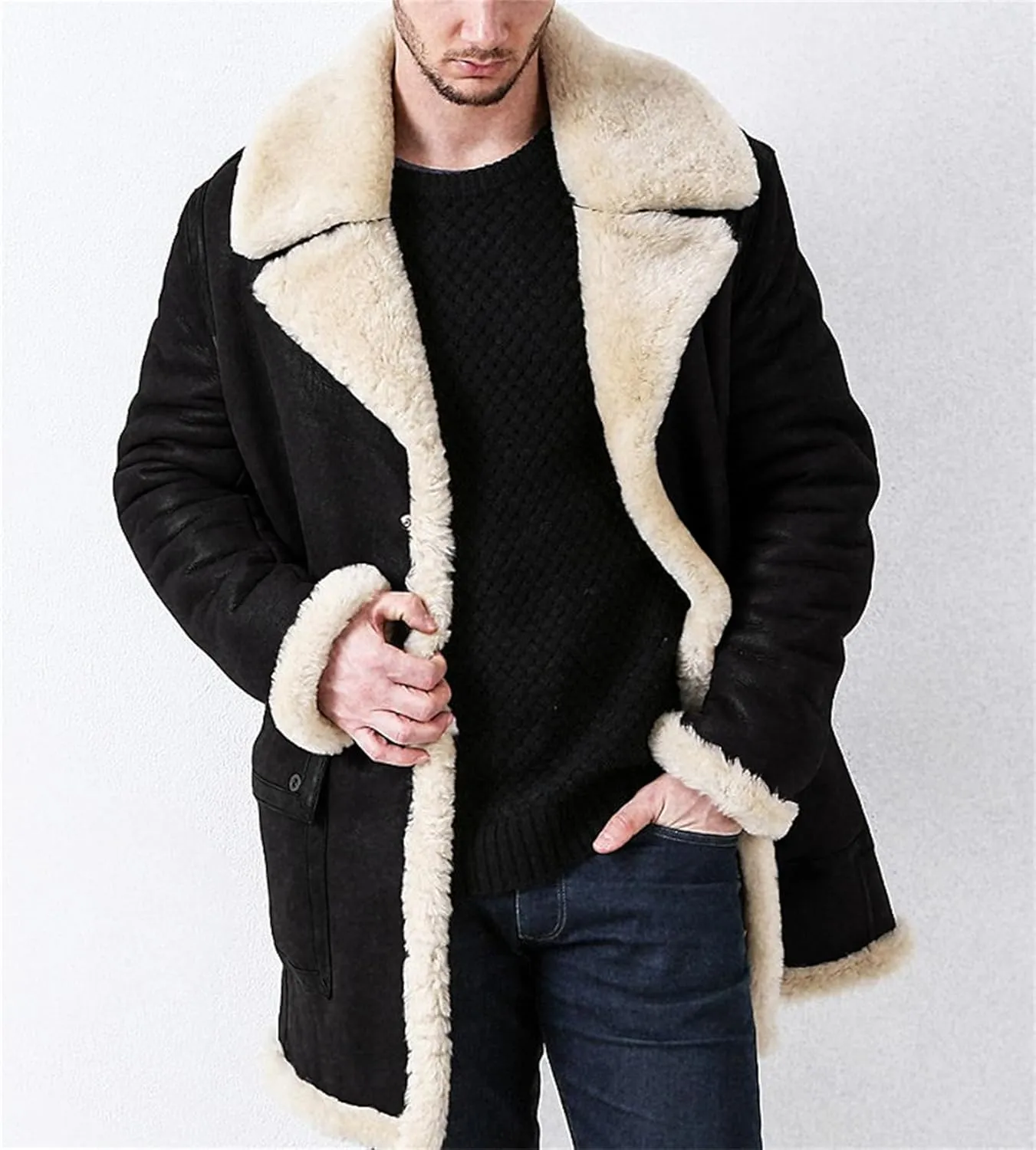 Wankang Faux Fur Coat Men Fleece Sherpa Lined Long Leather Jacket Winter Trench Coat Suede Shearling Jacket for Men