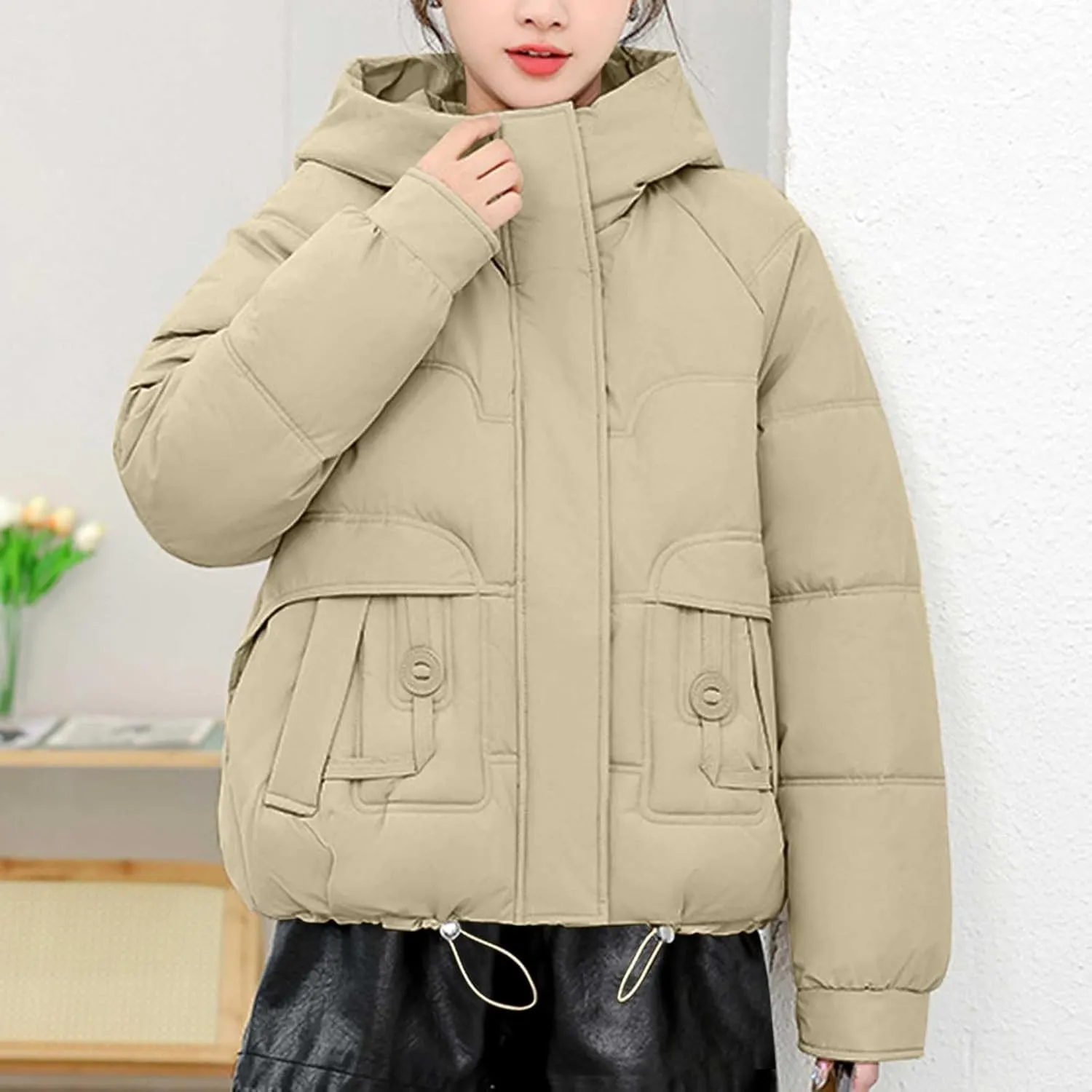Warm Winter Coats for Women 2025 Trendy Plain Fur Hooded Puffer Jacket Down Coat Zipper Puffy Bread Jackets