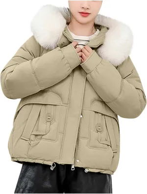 Warm Winter Coats for Women 2025 Trendy Plain Fur Hooded Puffer Jacket Down Coat Zipper Puffy Bread Jackets