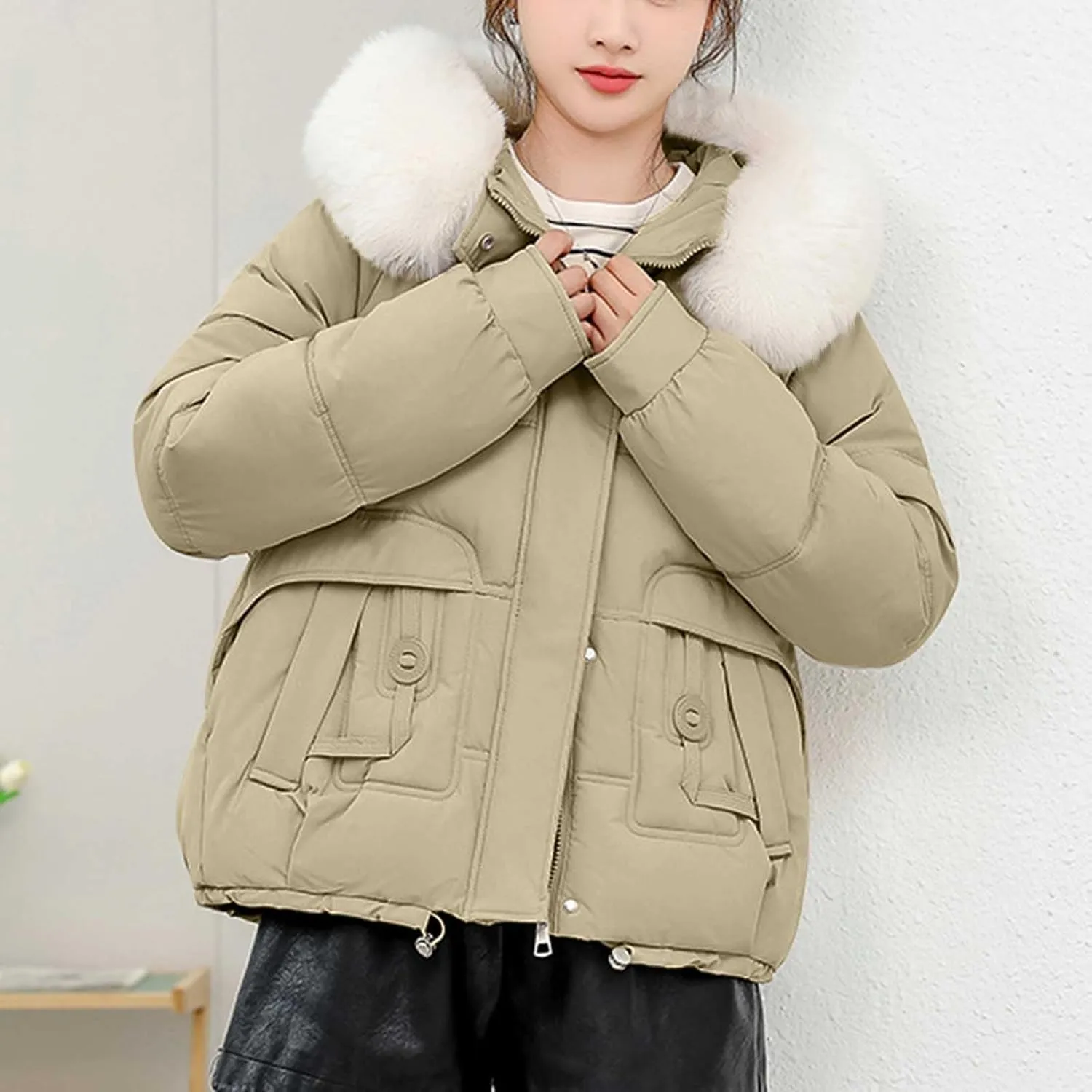 Warm Winter Coats for Women 2025 Trendy Plain Fur Hooded Puffer Jacket Down Coat Zipper Puffy Bread Jackets