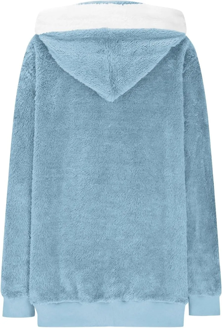 Warm Winter Coats for Women Fuzzy Fleece Jacket Fur Hooded Color Block Cardigan Zip Up Outerwear with Pockets