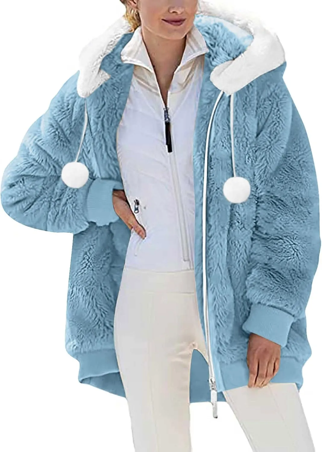 Warm Winter Coats for Women Fuzzy Fleece Jacket Fur Hooded Color Block Cardigan Zip Up Outerwear with Pockets