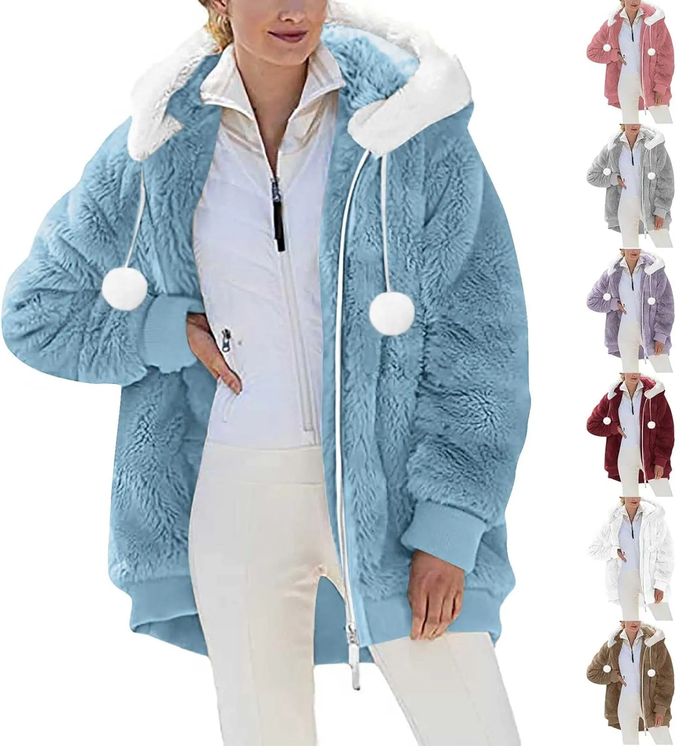 Warm Winter Coats for Women Fuzzy Fleece Jacket Fur Hooded Color Block Cardigan Zip Up Outerwear with Pockets
