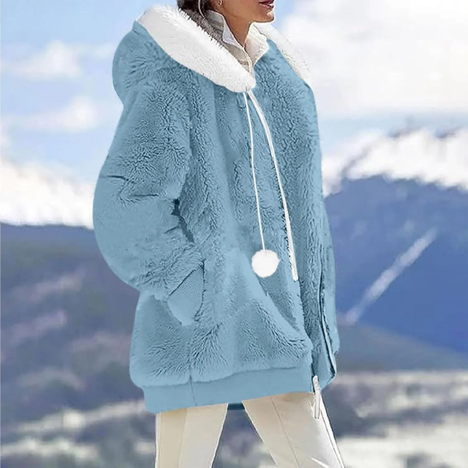 Warm Winter Coats for Women Fuzzy Fleece Jacket Fur Hooded Color Block Cardigan Zip Up Outerwear with Pockets