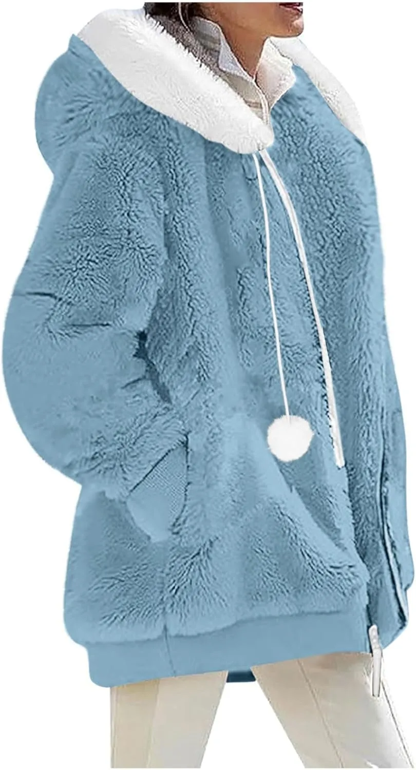 Warm Winter Coats for Women Fuzzy Fleece Jacket Fur Hooded Color Block Cardigan Zip Up Outerwear with Pockets